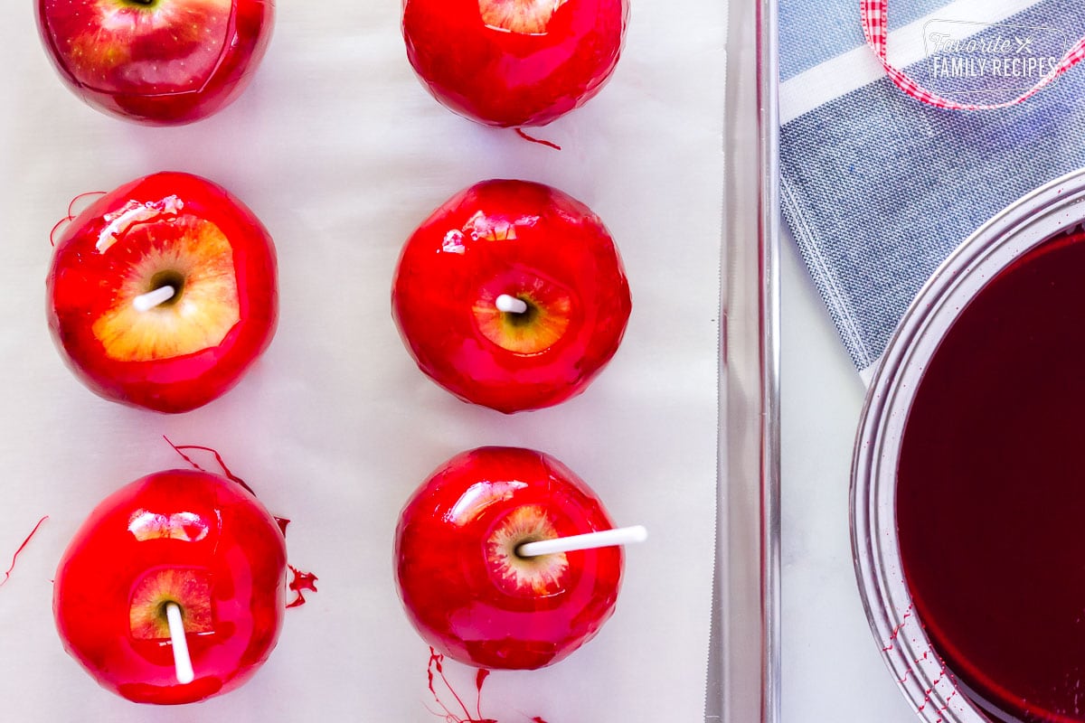 Tray of dipped Candy Apples.