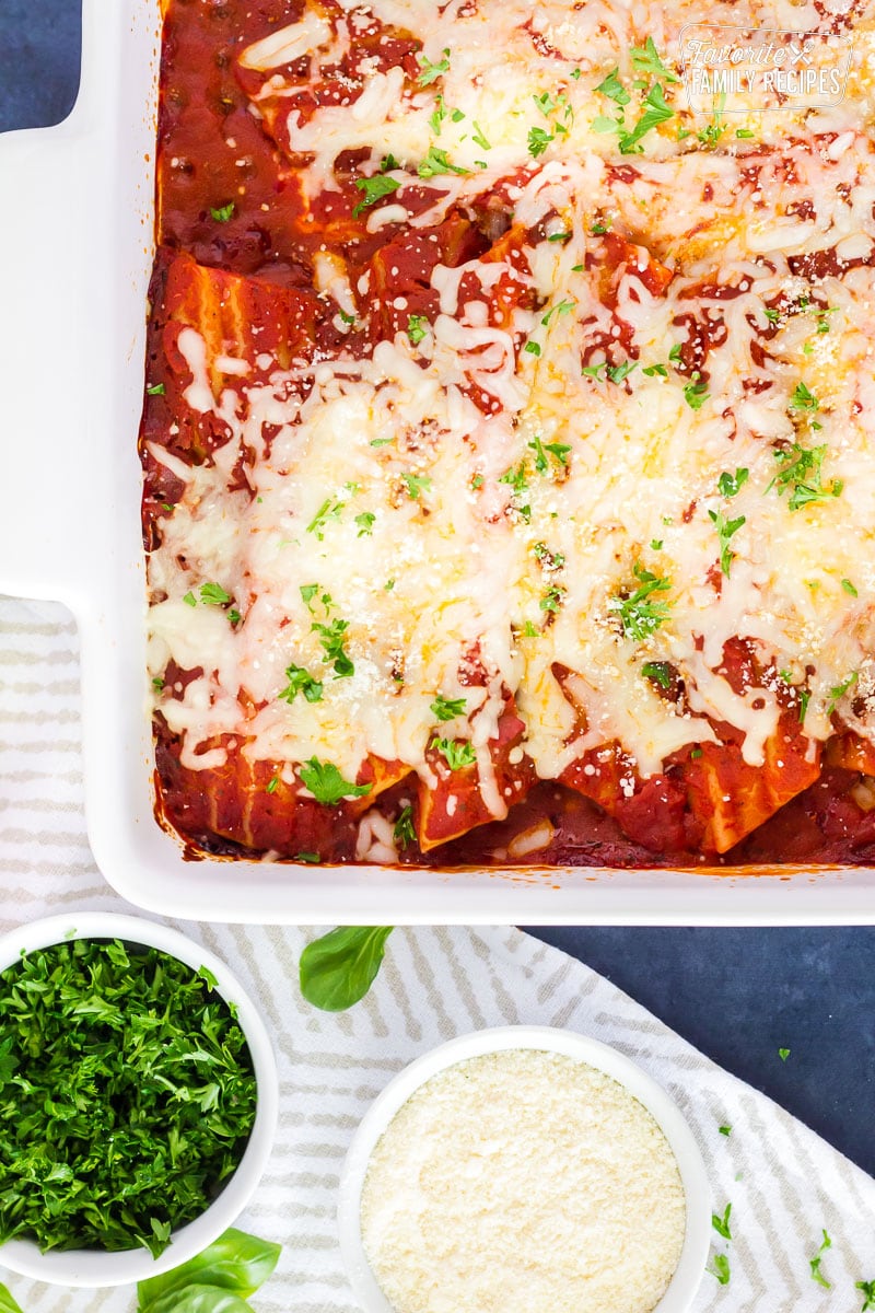 Top view of Cheese Manicotti baked in a dish.
