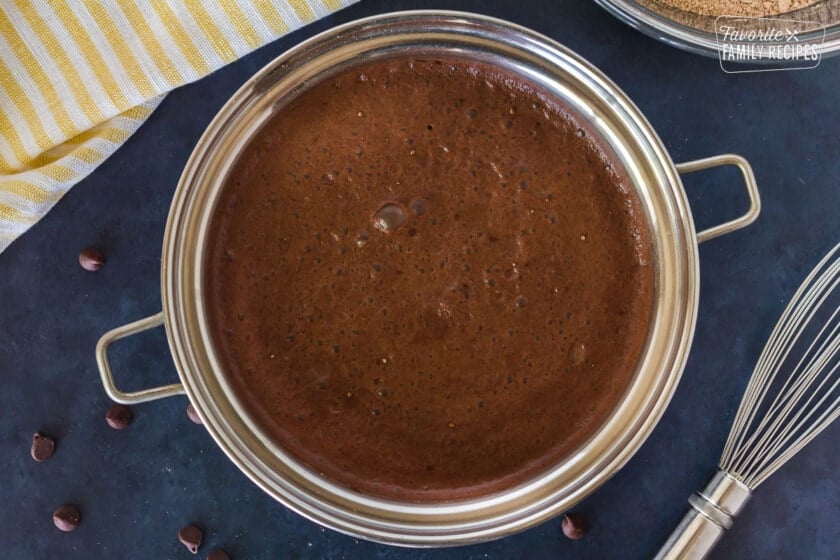 Saucepan of pudding mix and milk combined.