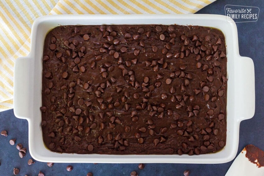 Chocolate Pudding Cake batter sprinkled with chocolate chips.