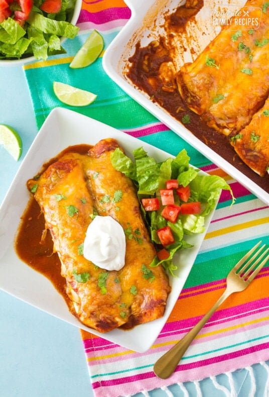 Two Enchiladas with Homemade Enchilada Sauce topped with sour cream.