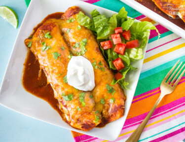 Top view of Enchiladas with Homemade Enchilada Sauce.