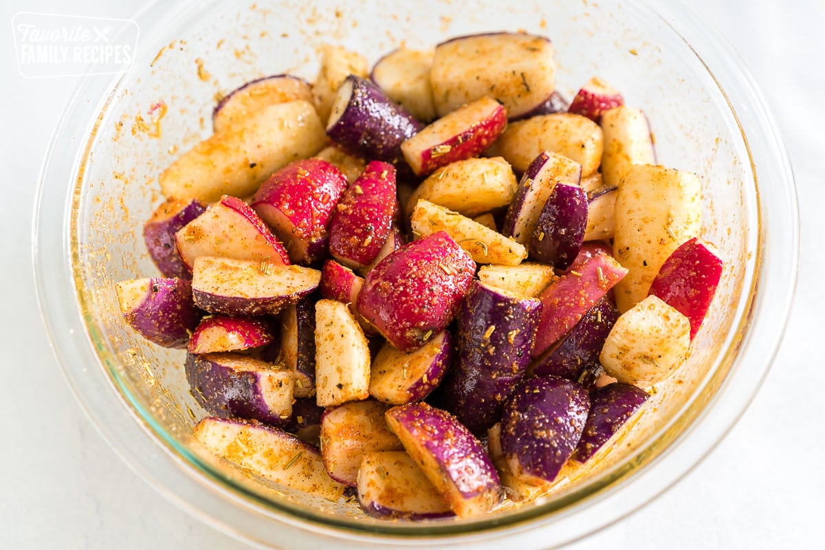 Chopped radishes tossed in olive oil and spices