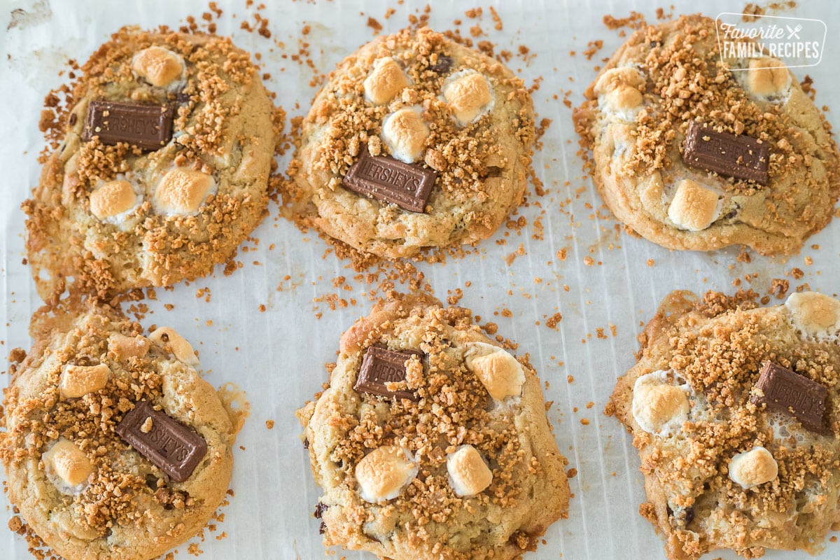 Baked s'mores cookies showing toasted marshmallows
