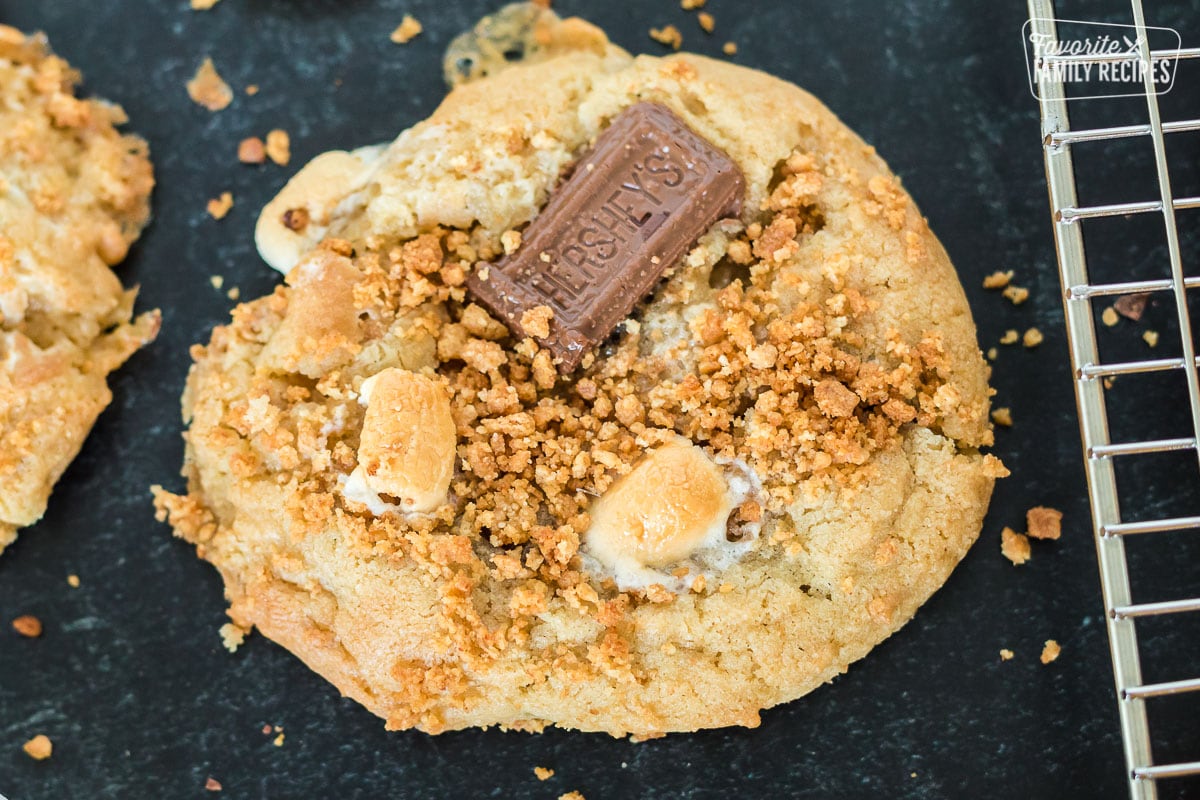 A close up side view of a s'mores cookie