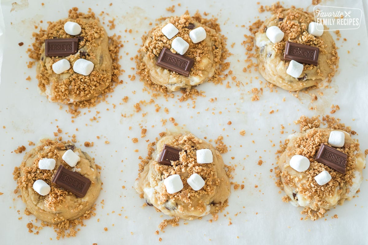 S'mores cookie dough balls with graham crackers crumbled over the top