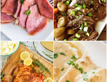 Sunday Dinner Ideas collage of turkey, pork chops, beef roast, and sliced ham