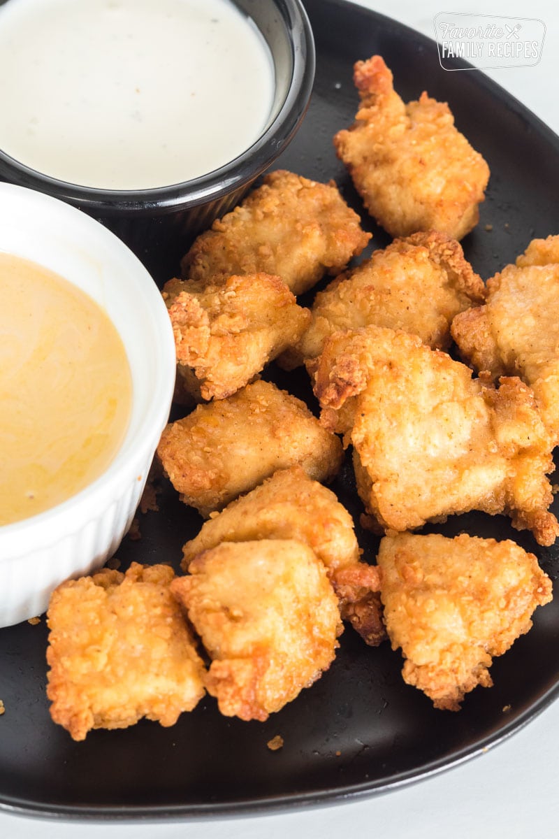 A close up of cooked air fryer chicken nuggets.