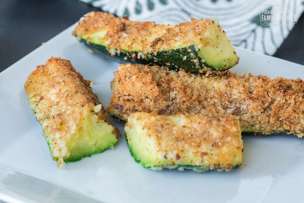 A close up of air fried zucchini spears