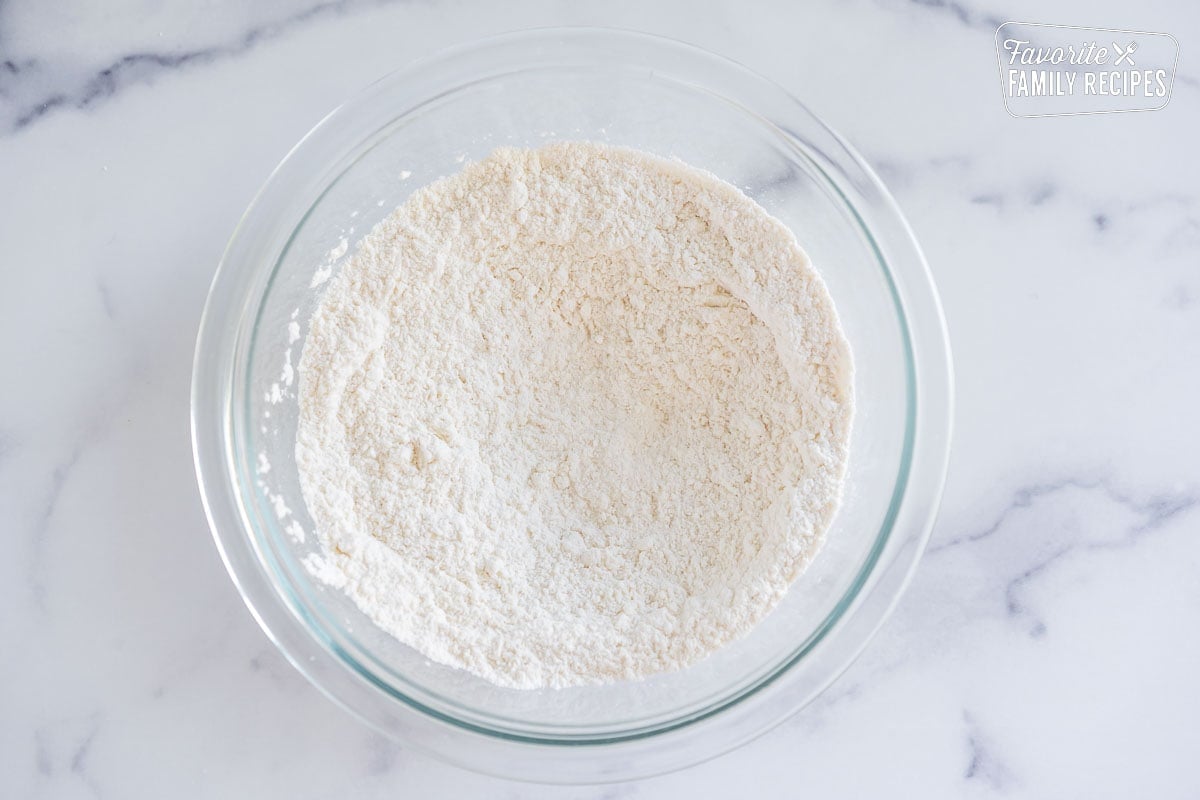 Dry pancake ingredients in a bowl