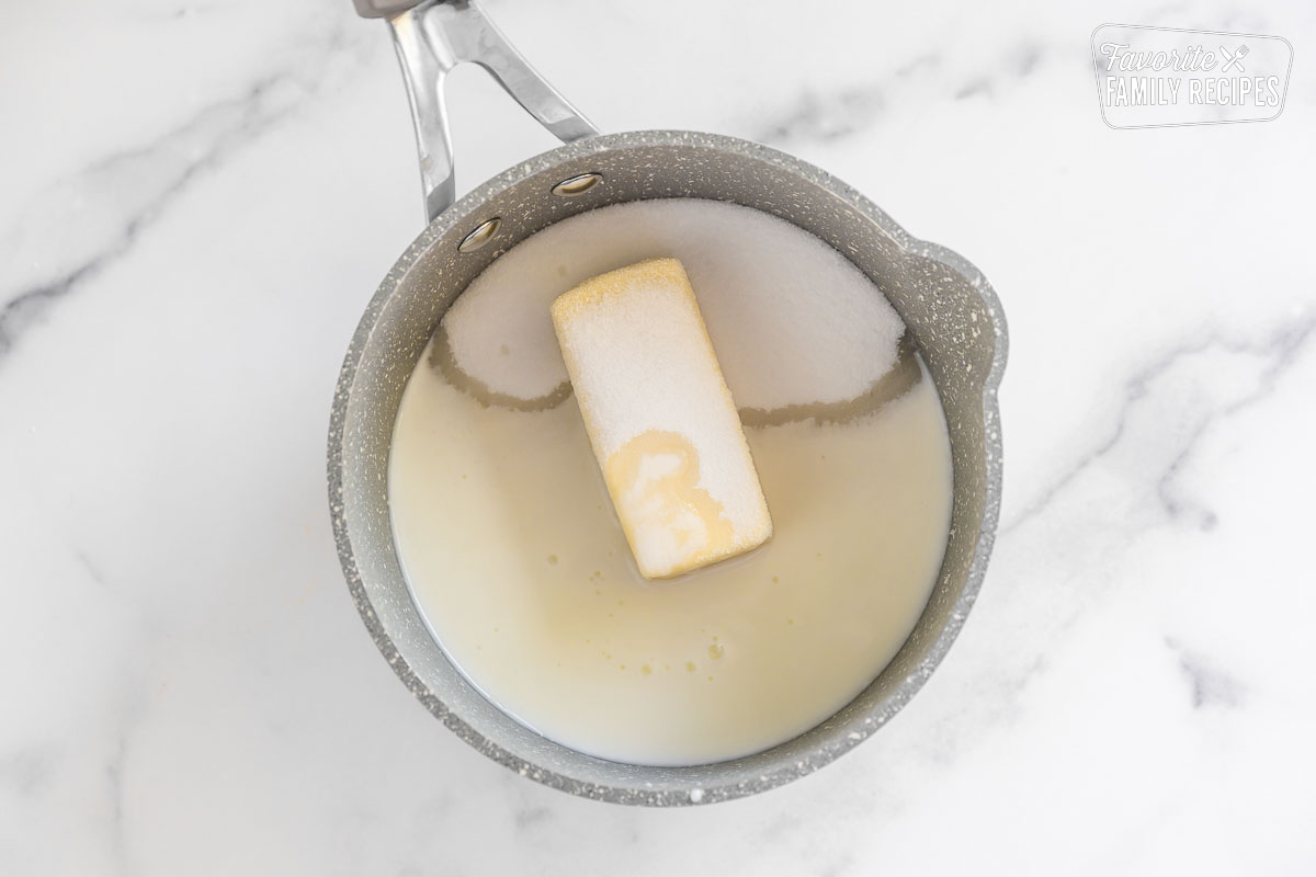 Buttermilk, sugar, and butter in a pot