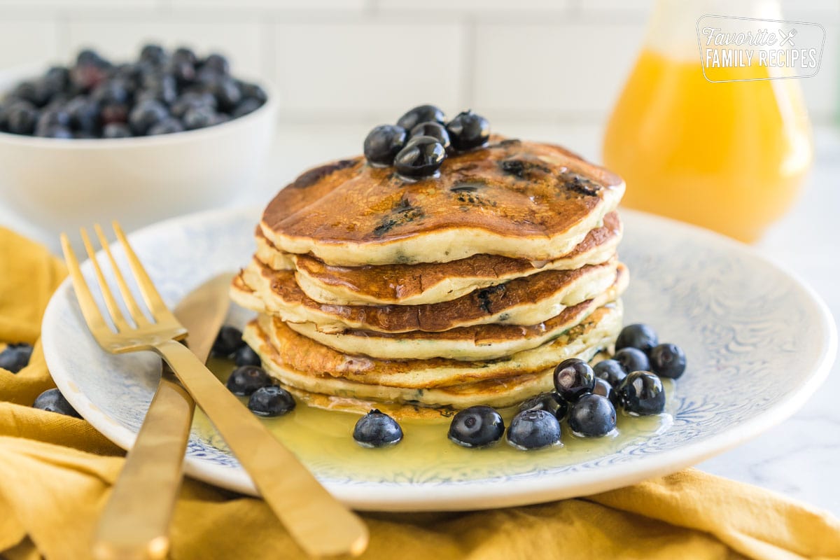 Buttermilk Syrup poured over blueberry pancakes