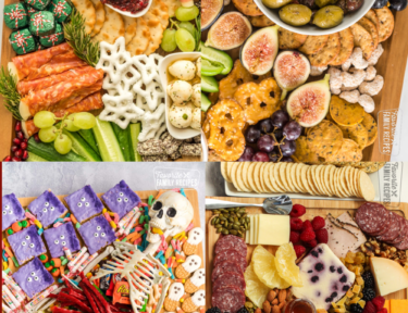 Four photos in a collage of Charcuterie Board Ideas