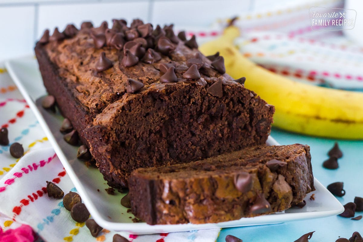 Close up view of a moist Chocolate Banana Bread slice.
