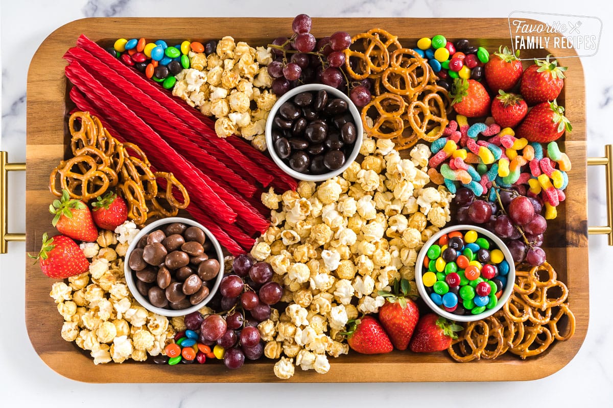 a movie night candy charcuterie board