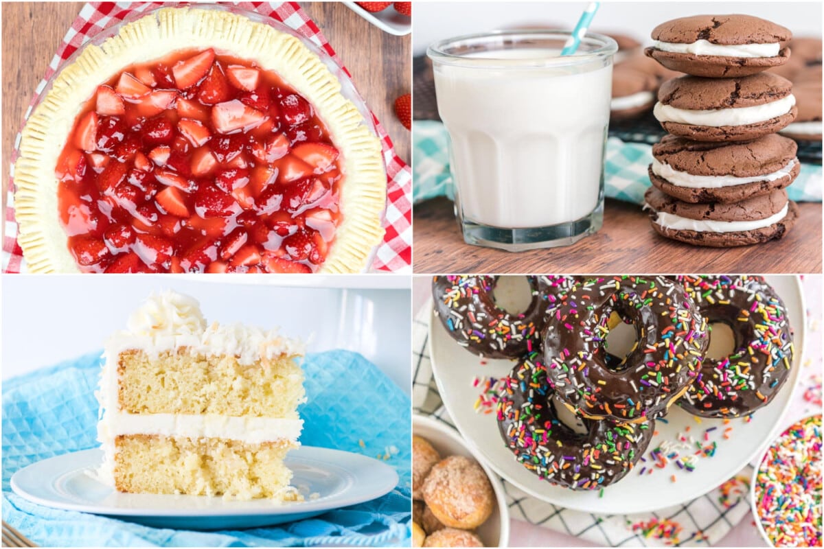 Collage of Desserts including Coconut Cake, Strawberry Pie, Donuts, and Homemade Oreo Cookies
