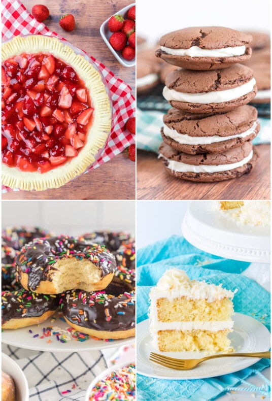 Collage of Desserts including Coconut Cake, Strawberry Pie, Donuts, and Oreo Cookies