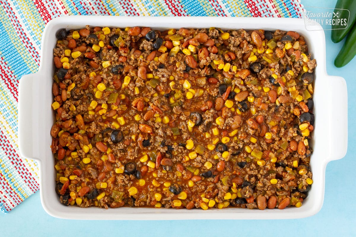 Baking dish with Frito Chili Pie filling.