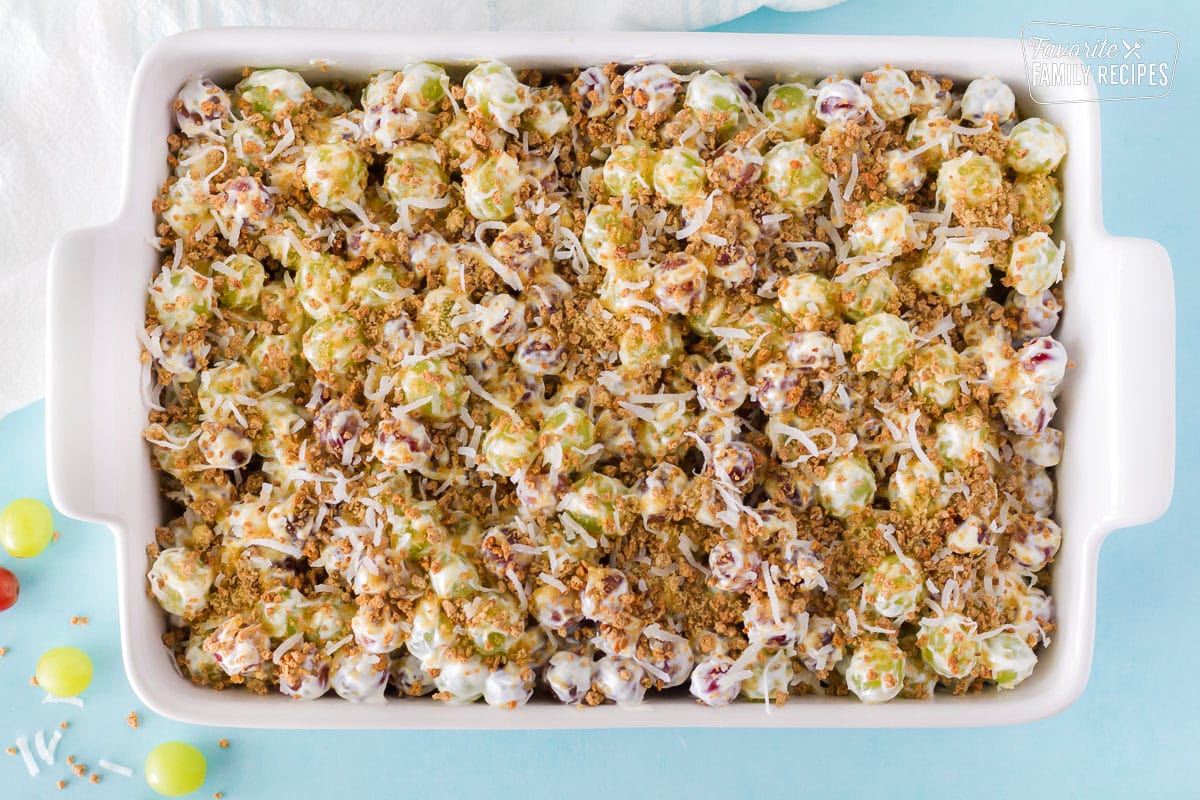 Prepared Grape Salad in a 9x13 glass pan.