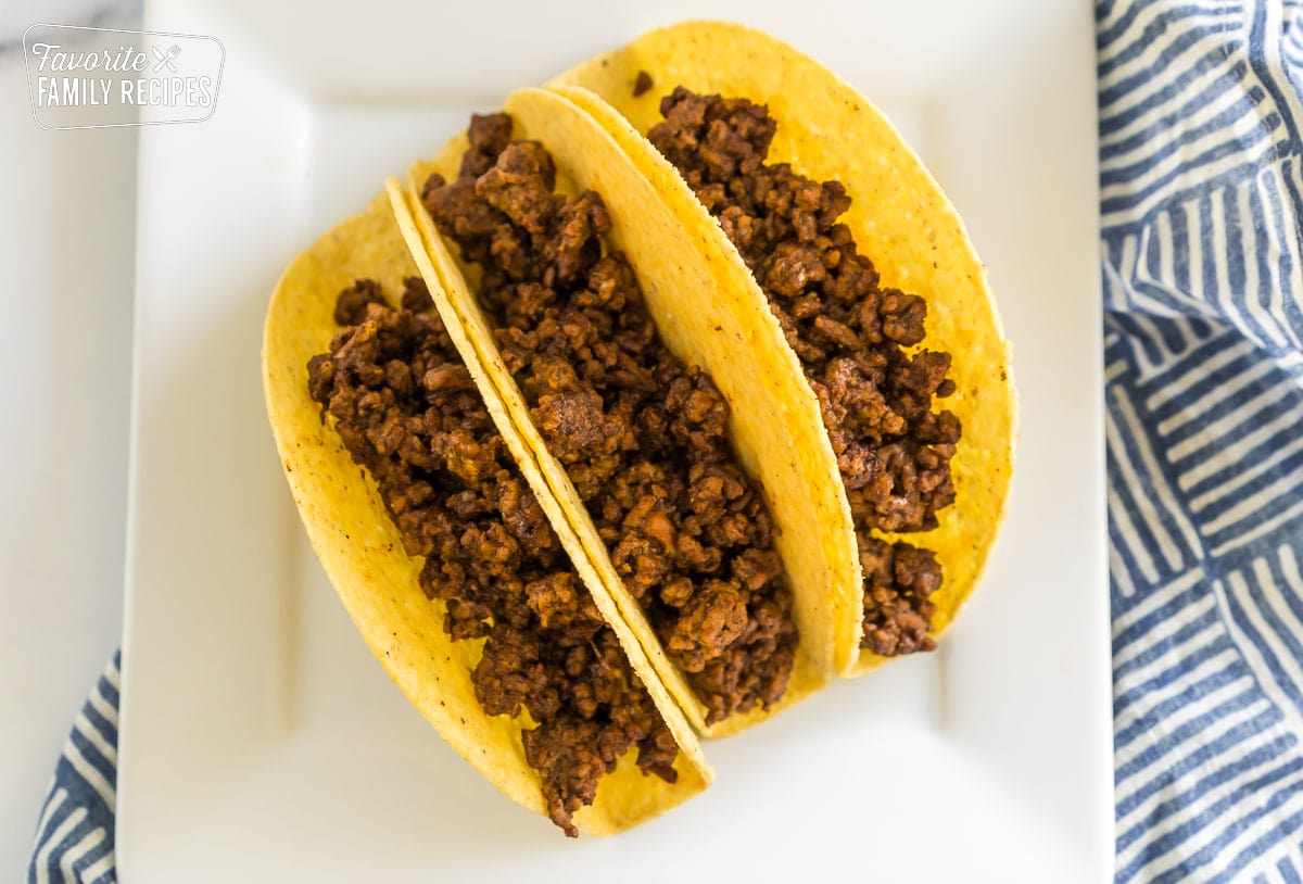 Ground beef in hard shell tacos.