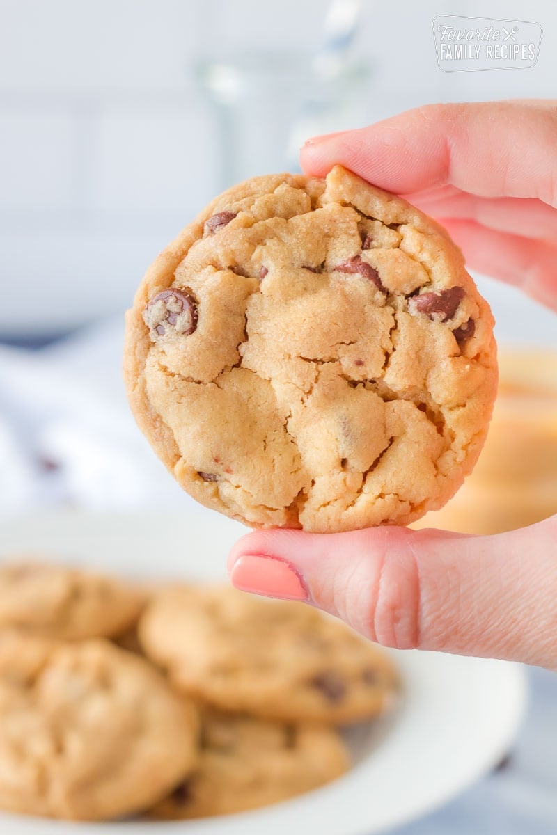 Close of of a hand holding one Peanut Butter Chocolate Chip Cookie.