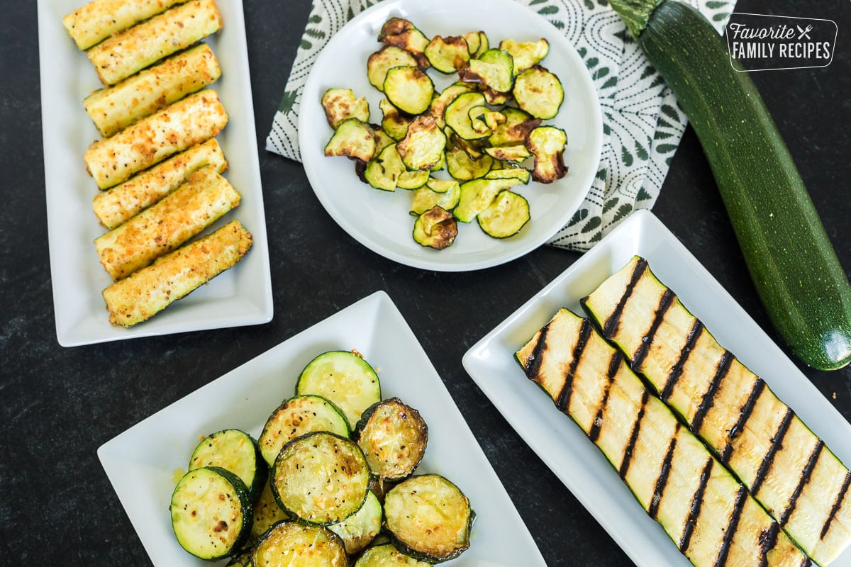 Plates with different methods on how to cook zucchini.
