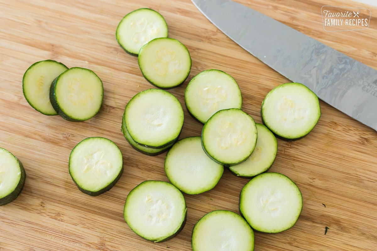 Slices of zucchini on a cutting board