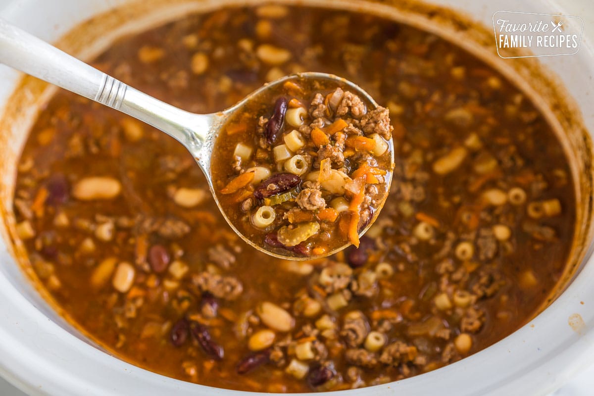 A full ladle of pasta e fagioli soup