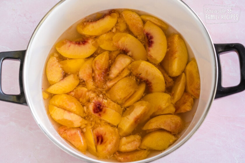 Peaches, water, and sugar in a large pot
