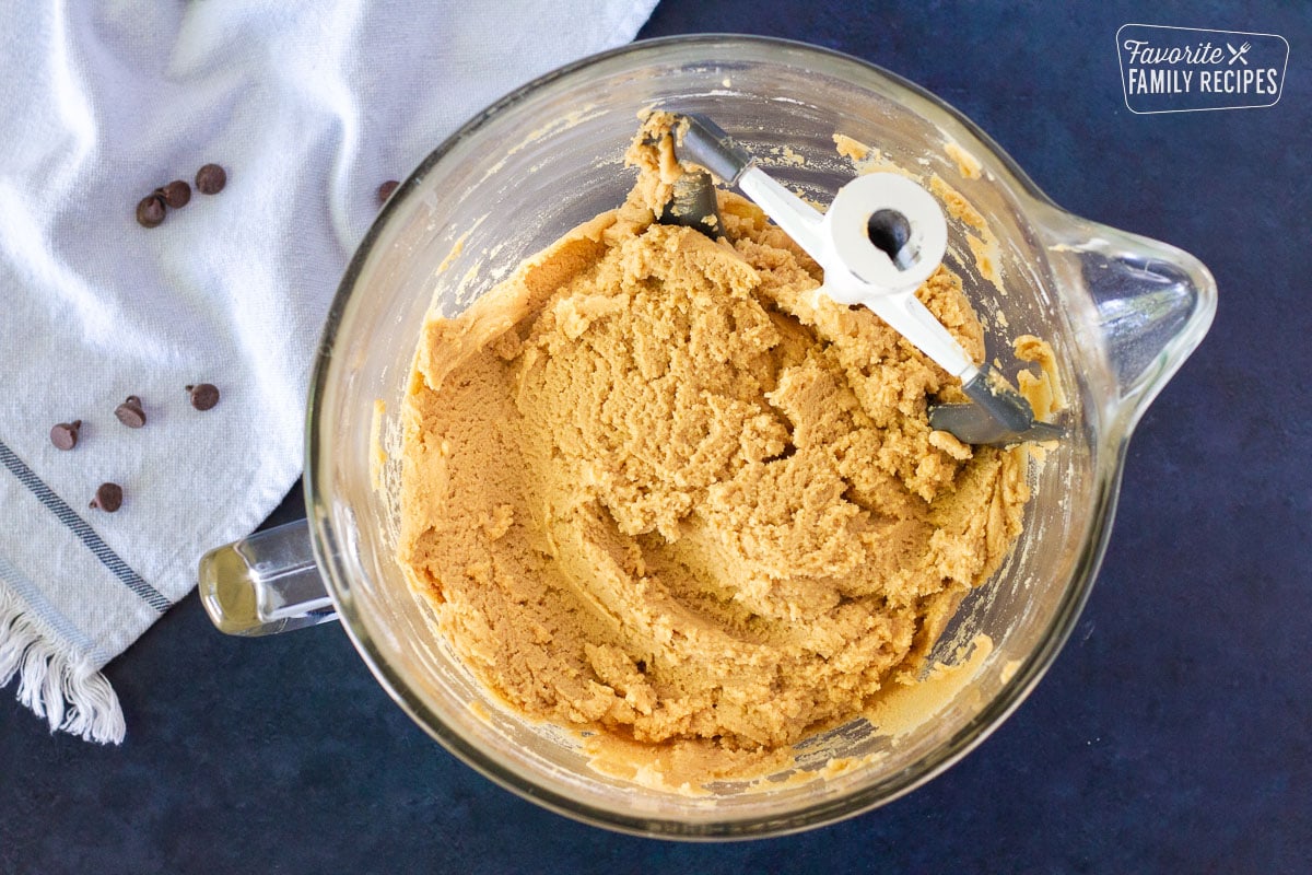 Peanut Butter Chocolate Chip Cookie dough without the chocolate chips in a mixing bowl.
