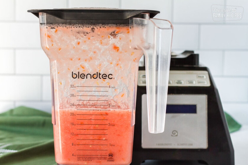 Blender with pureed tomatoes to make Curried Chickpeas.