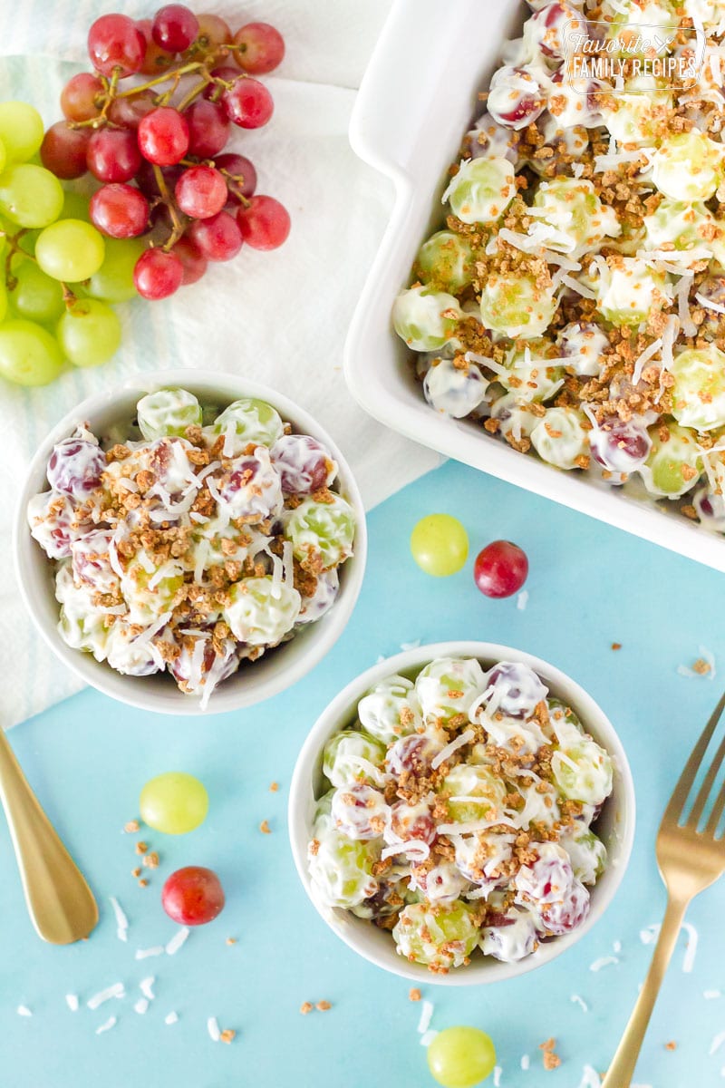 Top view of two Grape Salad bowls with forks.