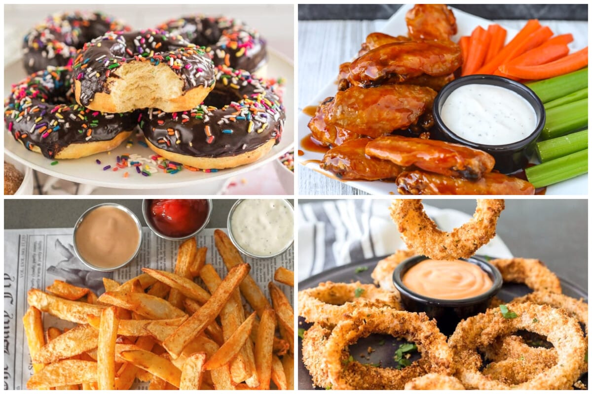 Collage of Air Fryer Recipes including donuts, wings, fries, and onion rings