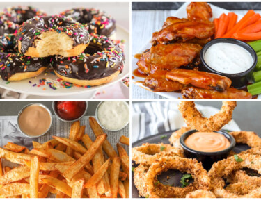 Collage of Air Fryer Recipes including donuts, wings, fries, and onion rings