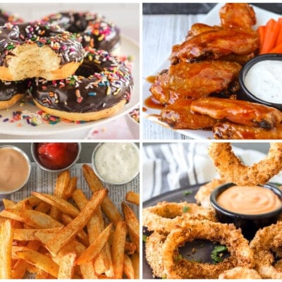 Collage of Air Fryer Recipes including donuts, wings, fries, and onion rings