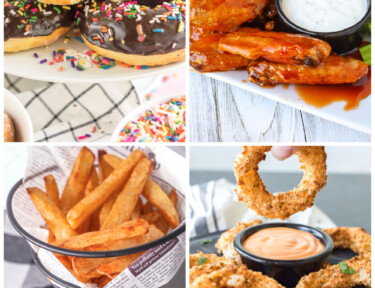 Collage of Air Fryer Recipes including donuts, wings, fries, and onion rings