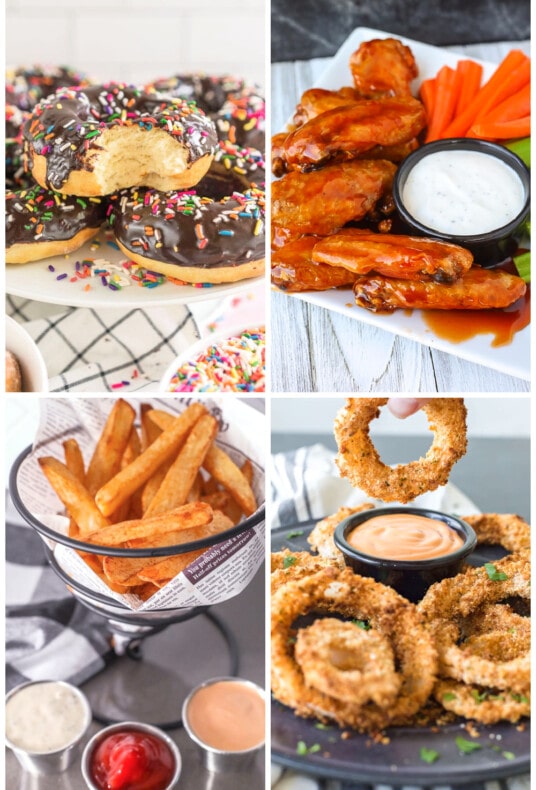 Collage of Air Fryer Recipes including donuts, wings, fries, and onion rings