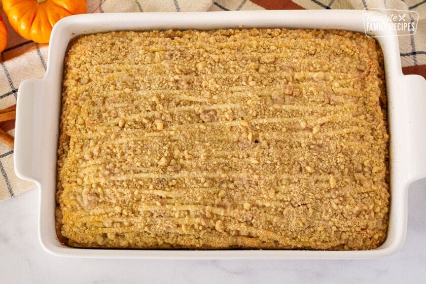 Baked Pumpkin Coffee Cake in a baking dish.