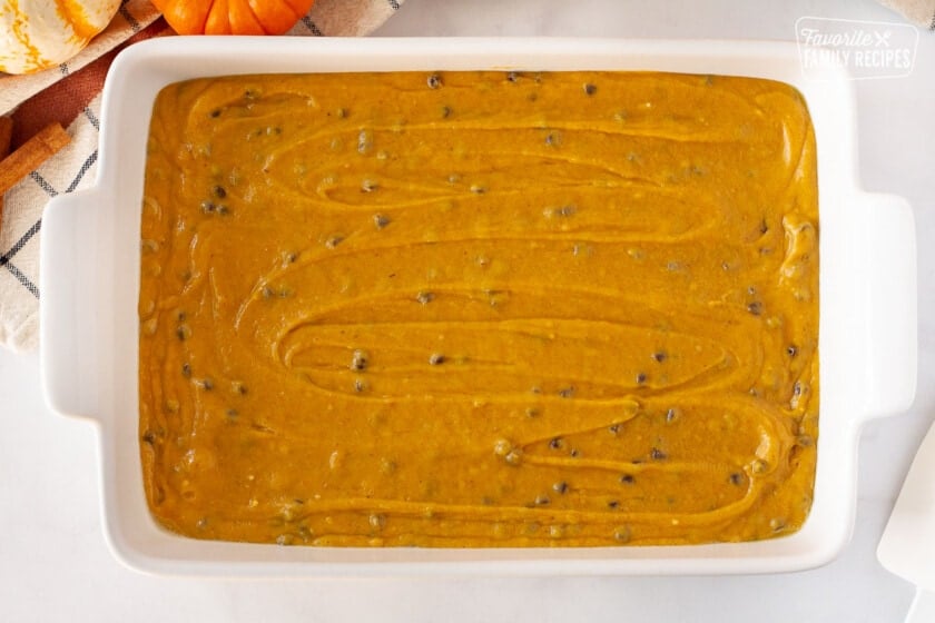 Glass baking dish with Pumpkin Coffee Cake.