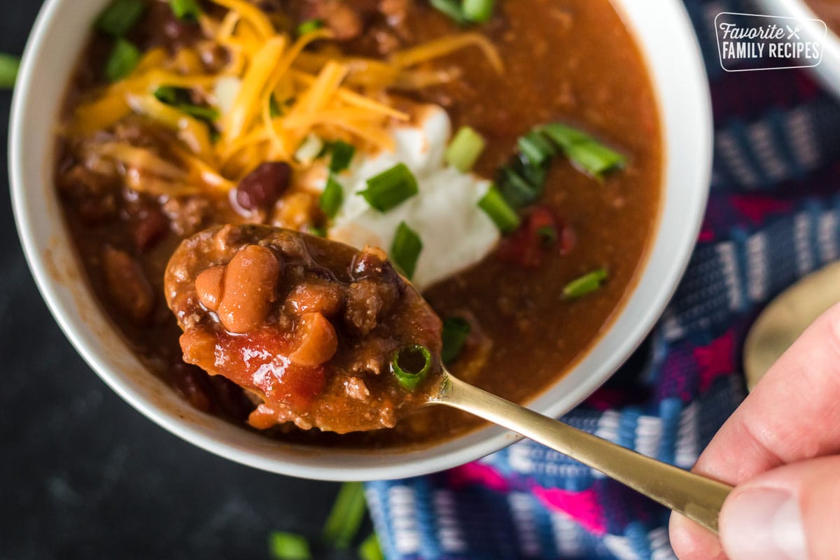 A close up of a spoonful of Instant Pot chili.