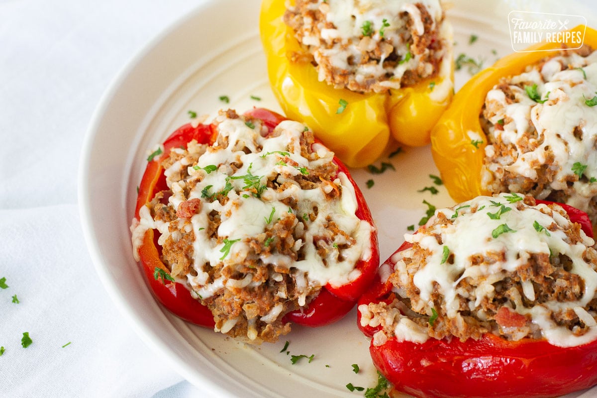 Close up of Instant Pot Stuffed Peppers garnished with parsley.