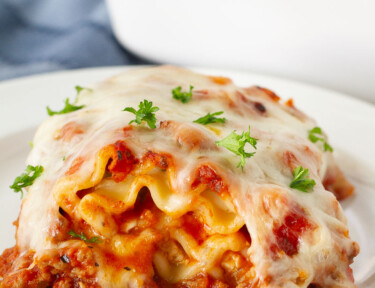 Close up of a plated Lasagne Roll Up.