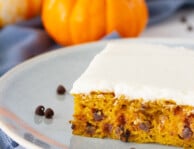 Close up view of Pumpkin Sheet Cake on a plate.