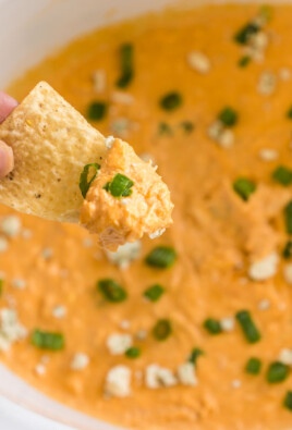 A chip dipped in buffalo chicken dip