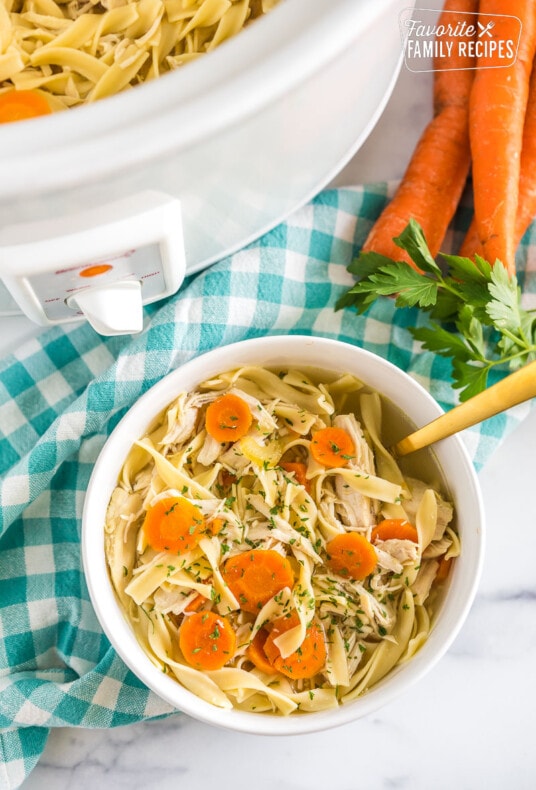 Chicken Noodle Soup that has been cooked in a crockpot