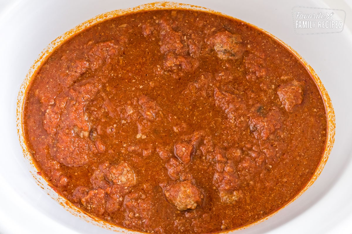 Cooked meatballs in sauce in a crockpot