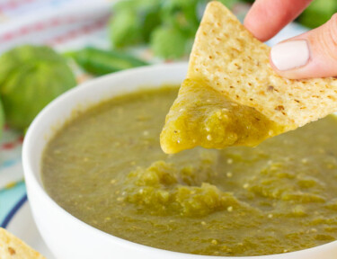 Hand holding a tortilla chip with Tomatillo Salsa Verde.