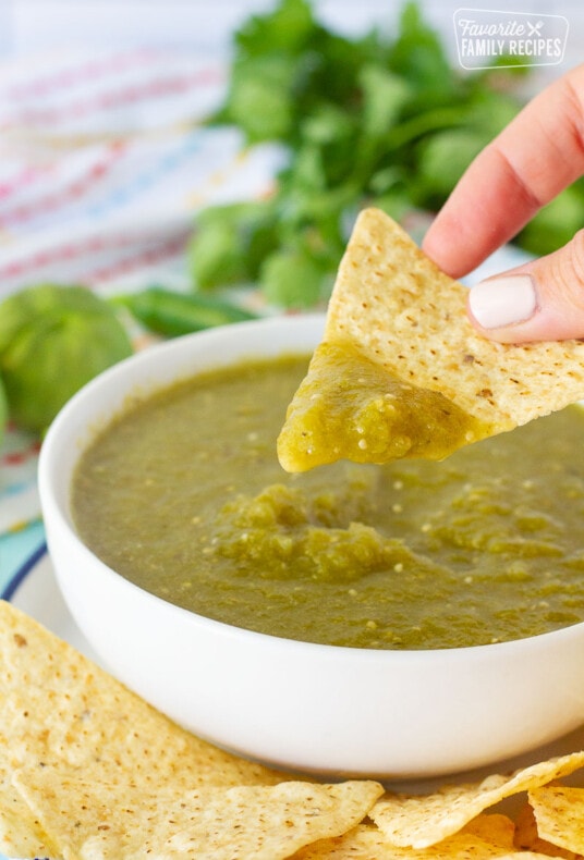 Hand holding a tortilla chip with Tomatillo Salsa Verde.