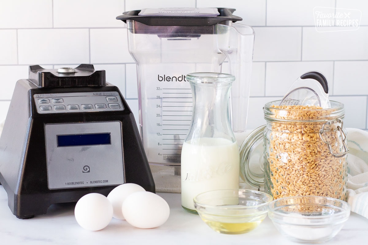 Whole wheat, milk, oil, eggs, dry ingredients and Blendtec blender to make Whole Wheat Pancakes.