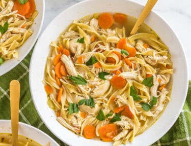 A bowl of chicken noodle soup with a spoon.